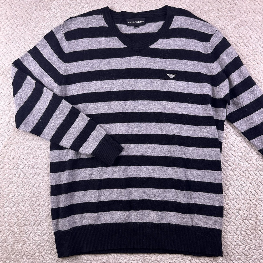 Emporio Armani Wool Angora Women's Sweater XL Black Gray Striped Cozy - Picture 2 of 9